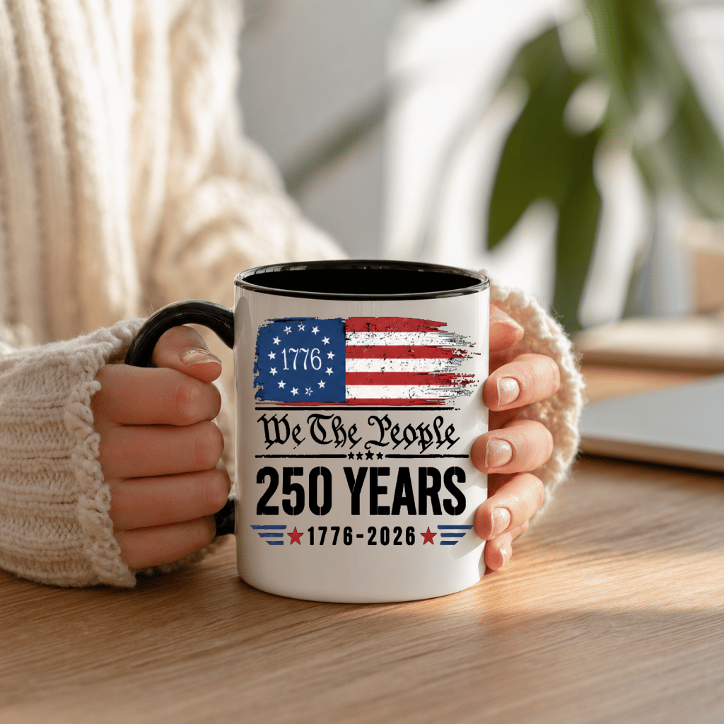 America 250 Years Accent Mug – 4th of July 1776-2026 Tee for Men Women, Distressed Flag Patriotic Design - close-up view